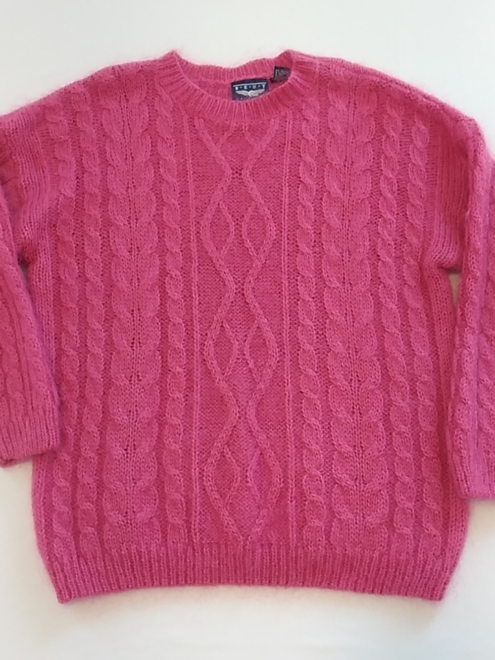 Vtg Hong Kong 50% Mohair Cable Knit Pink Women's Sweater Size L Fuzzy Cozy